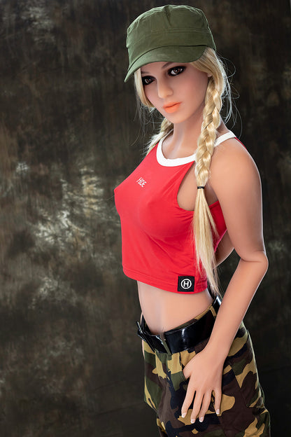 The sex doll for male has blonde hair and brown eyes.